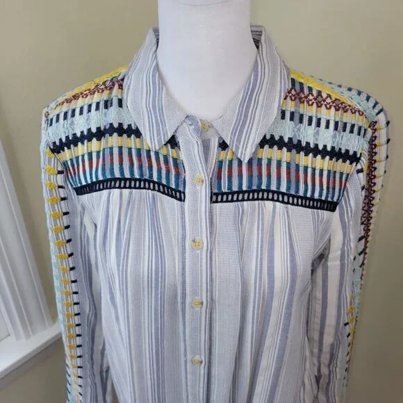 Anthropologie The Cate Classic Button Up Embroidered Stripe Shirt Women's SZ XS - Picture 9 of 13